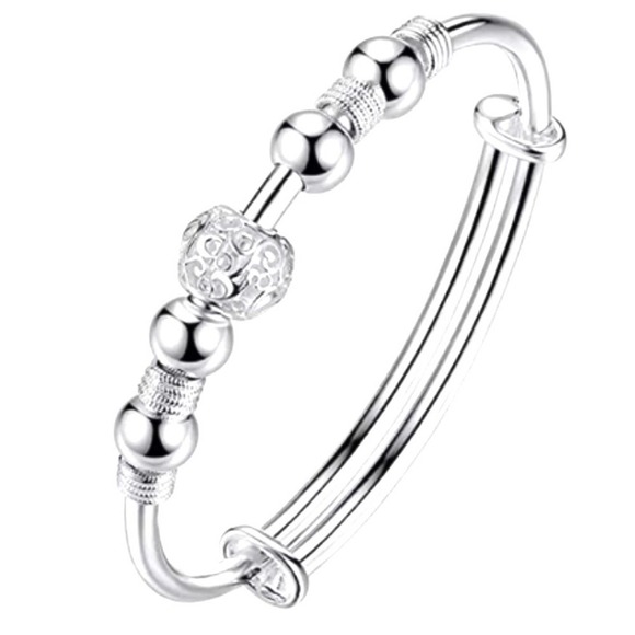 925 Sterling Silver Bangle Bracelet Anxiety Beaded Bracelet Fidgit Plated Bangle - Picture 1 of 7